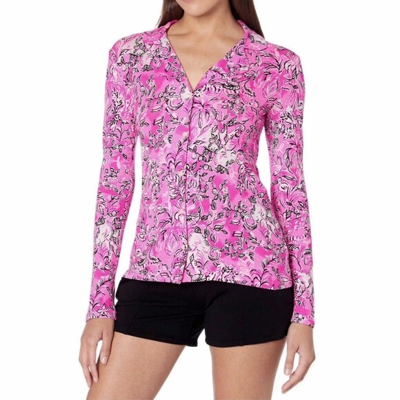 Lilly Pulitzer Pajama PJ Top Plumeria Purposefully Pink Women’s XL Button Front - Picture 1 of 10